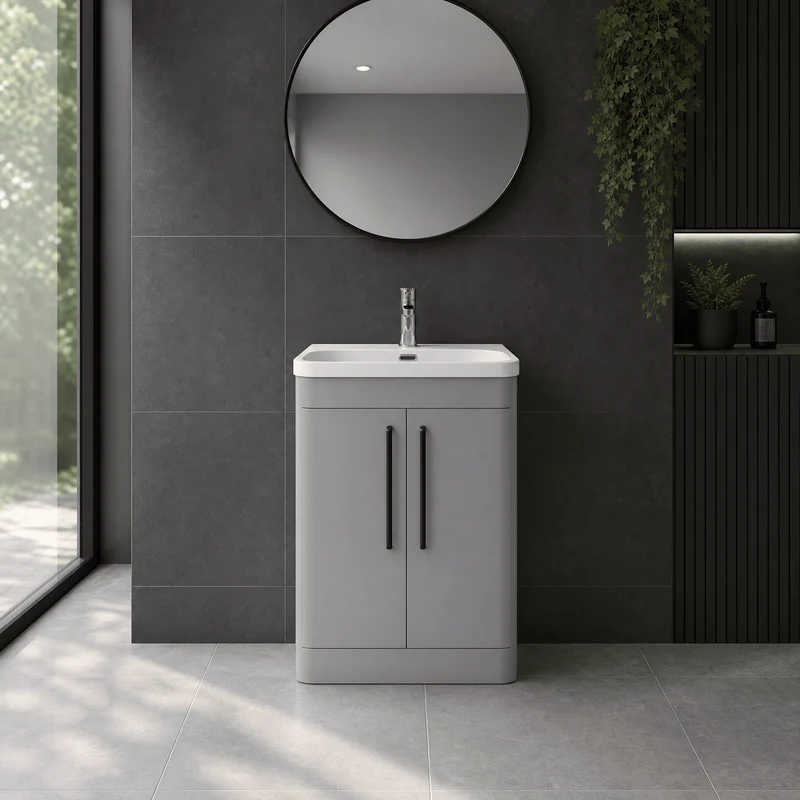 Parade 600mm 2 Door Floor Standing Vanity Unit With Thin Edge Basin - Grey Satin
