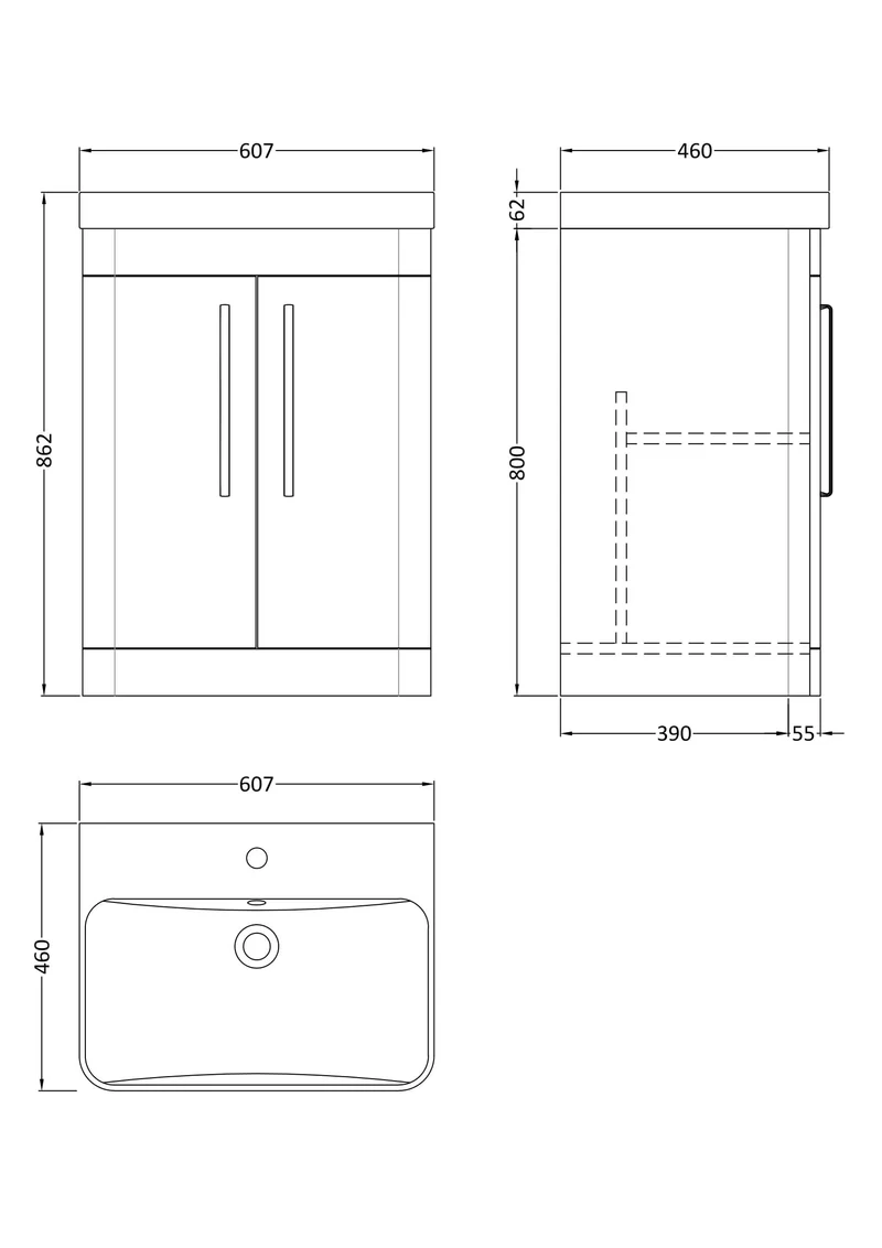 Parade 600mm 2 Door Floor Standing Vanity Unit With Thin Edge Basin - Grey Satin