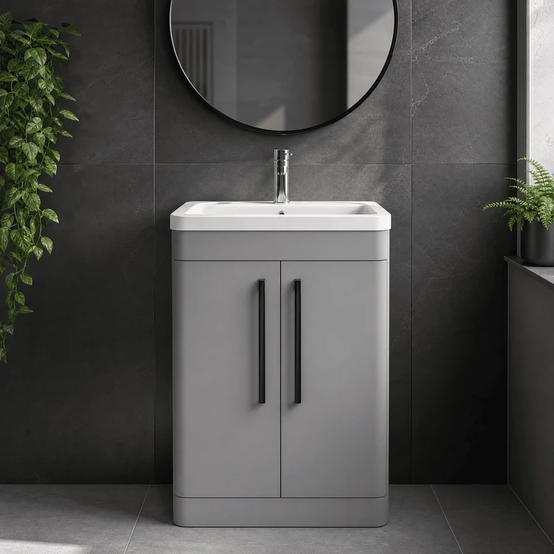 Parade 600mm 2 Door Floor Standing Vanity Unit With Ceramic Basin - Grey Satin