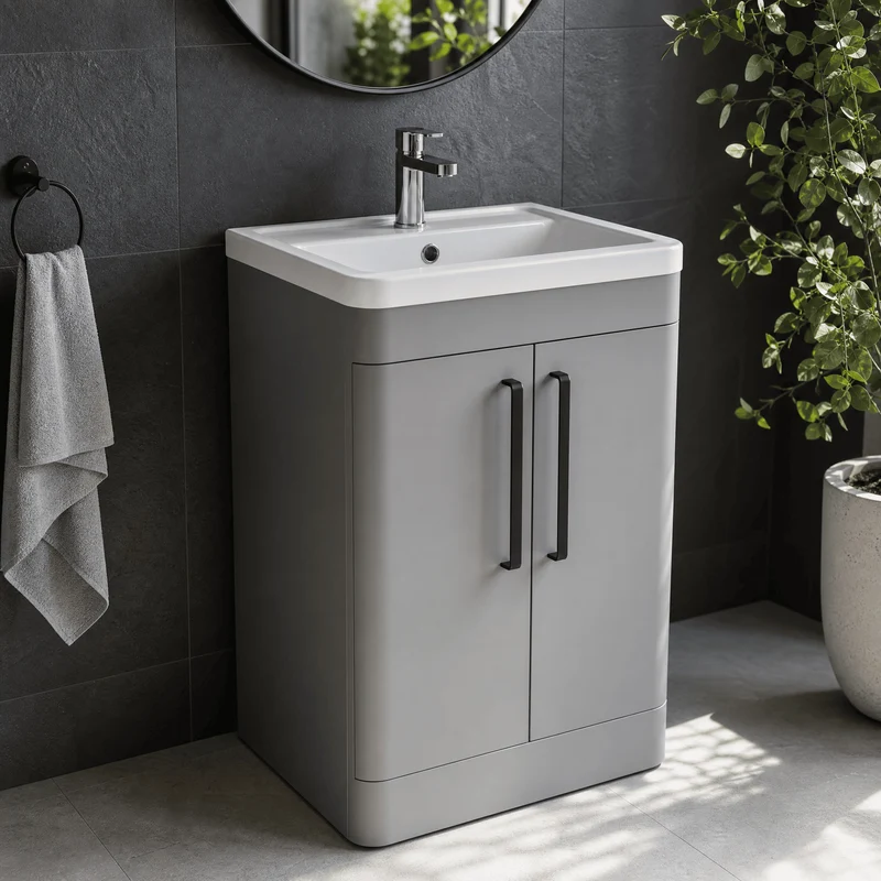 Parade 600mm 2 Door Floor Standing Vanity Unit With Ceramic Basin - Grey Satin