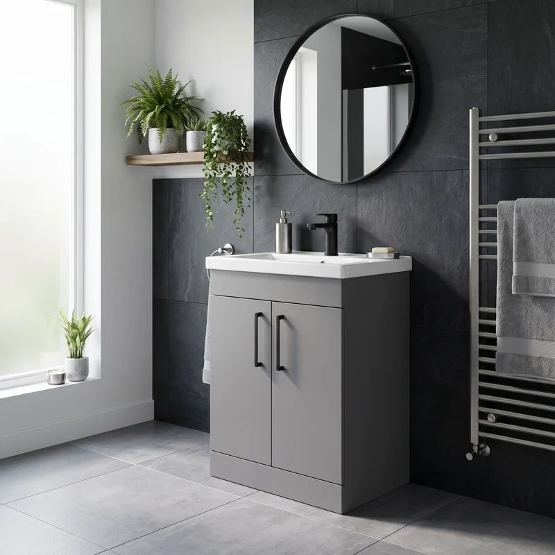 Parade 600mm 2 Door Floor Standing Vanity Unit With Ceramic Basin - Grey Satin