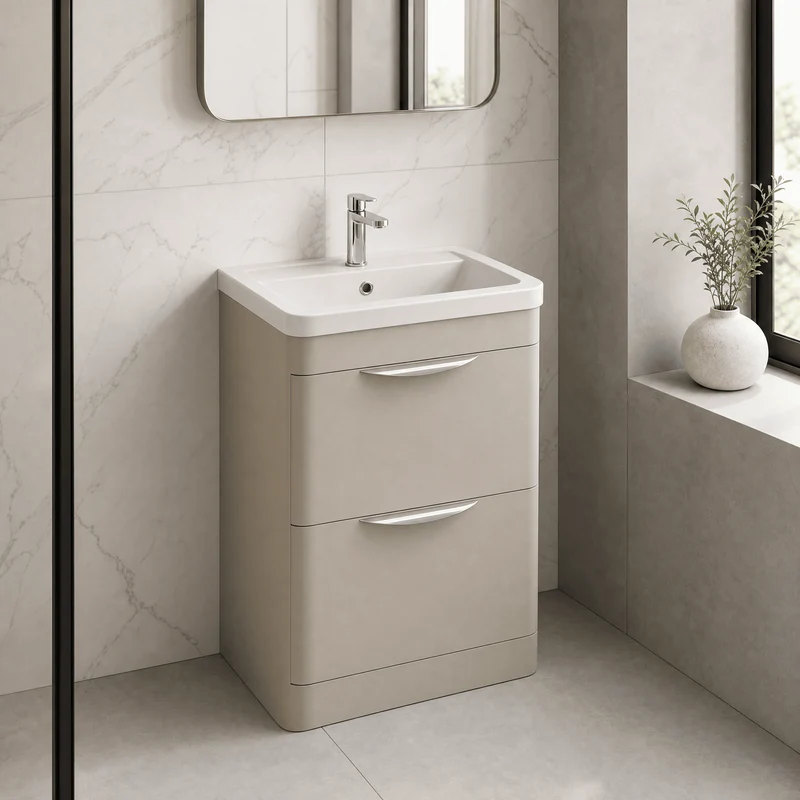 Parade 600mm 2 Drawer Floor Standing Vanity Unit With Ceramic Basin - Pebble Grey Satin
