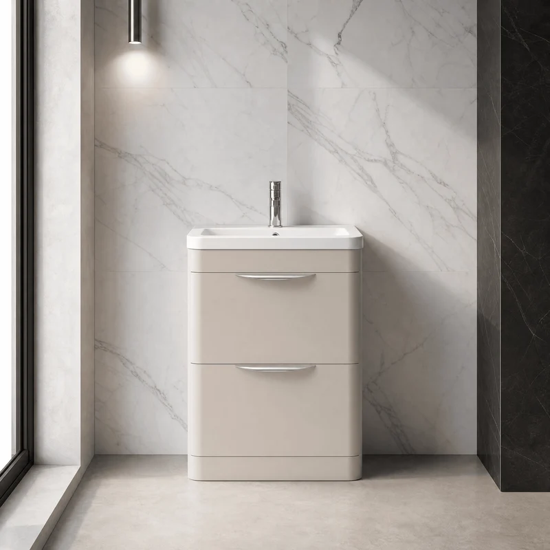Parade 600mm 2 Drawer Floor Standing Vanity Unit With Ceramic Basin - Pebble Grey Satin