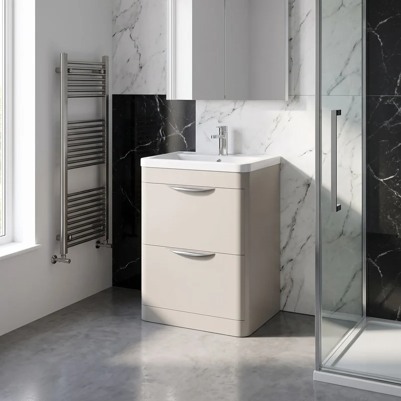Parade 600mm 2 Drawer Floor Standing Vanity Unit With Ceramic Basin - Pebble Grey Satin