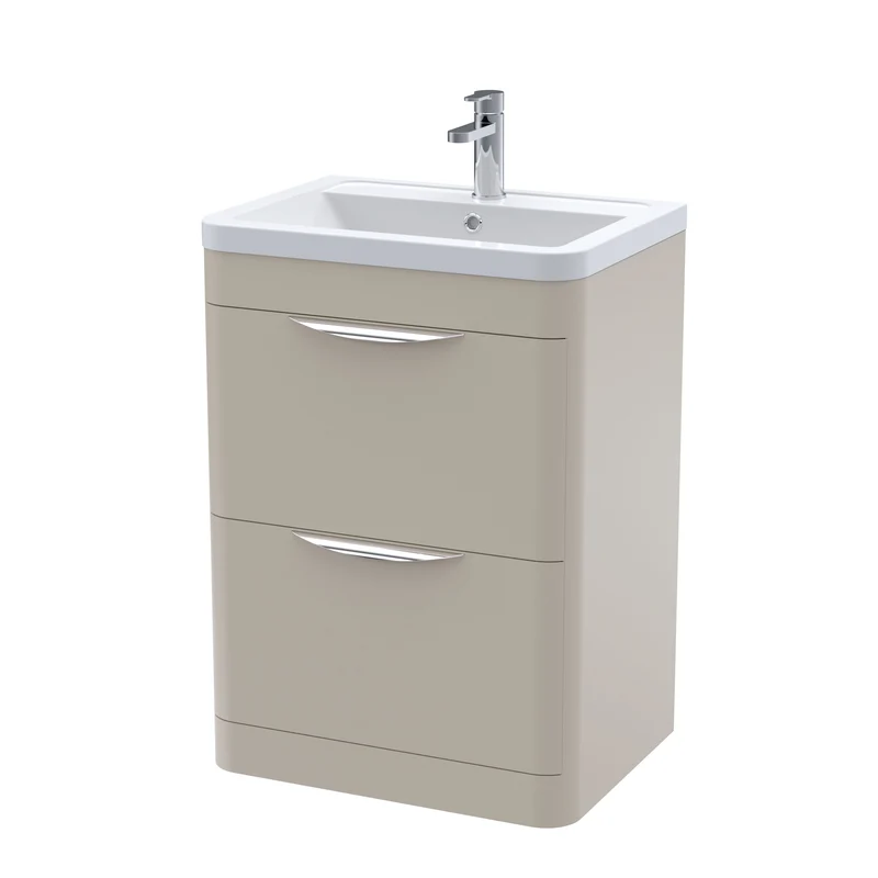 Parade 600mm 2 Drawer Floor Standing Vanity Unit With Ceramic Basin - Pebble Grey Satin