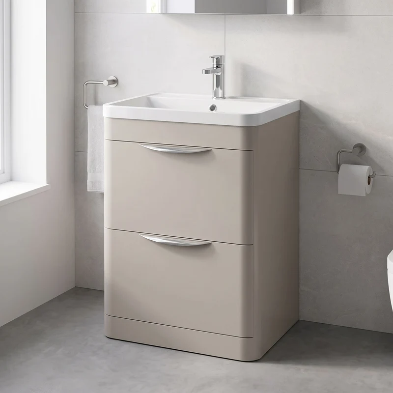 Parade 600mm 2 Drawer Floor Standing Vanity Unit With Polymarble Basin - Pebble Grey Satin