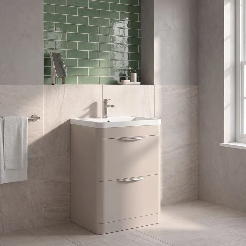 Parade 600mm 2 Drawer Floor Standing Vanity Unit With Polymarble Basin - Pebble Grey Satin