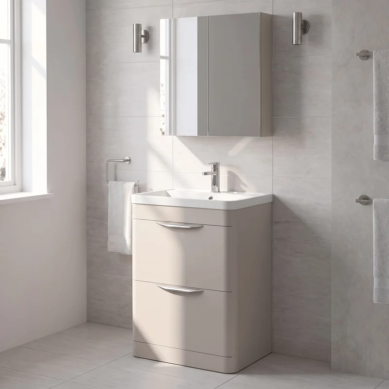 Parade 600mm 2 Drawer Floor Standing Vanity Unit With Polymarble Basin - Pebble Grey Satin