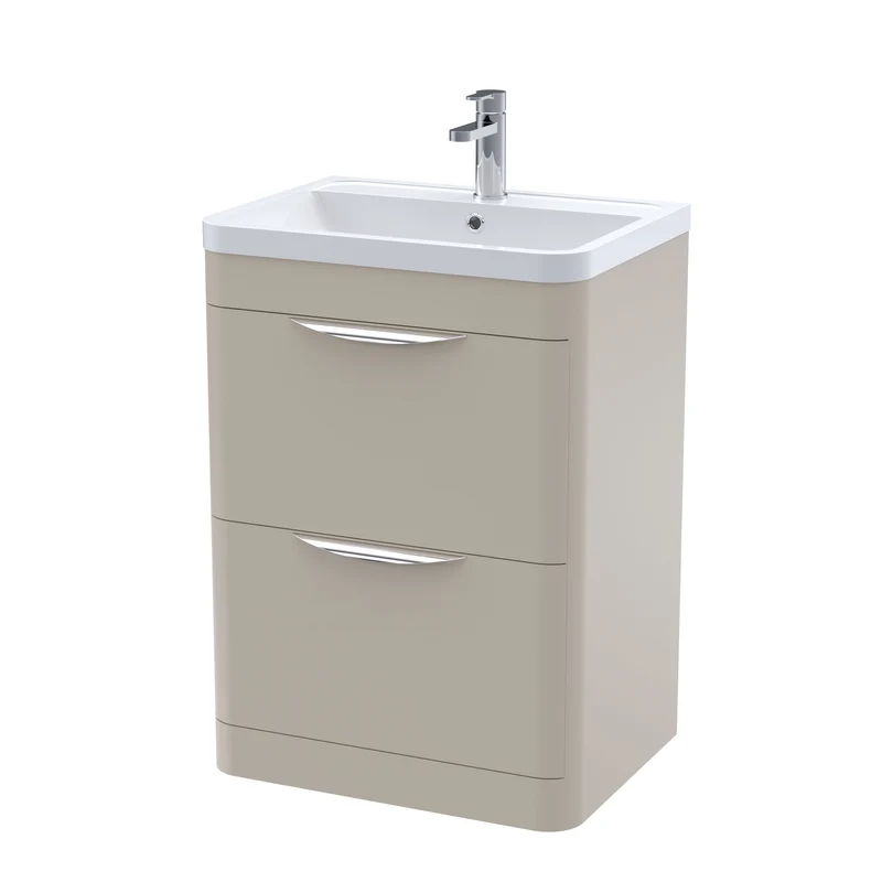 Parade 600mm 2 Drawer Floor Standing Vanity Unit With Polymarble Basin - Pebble Grey Satin