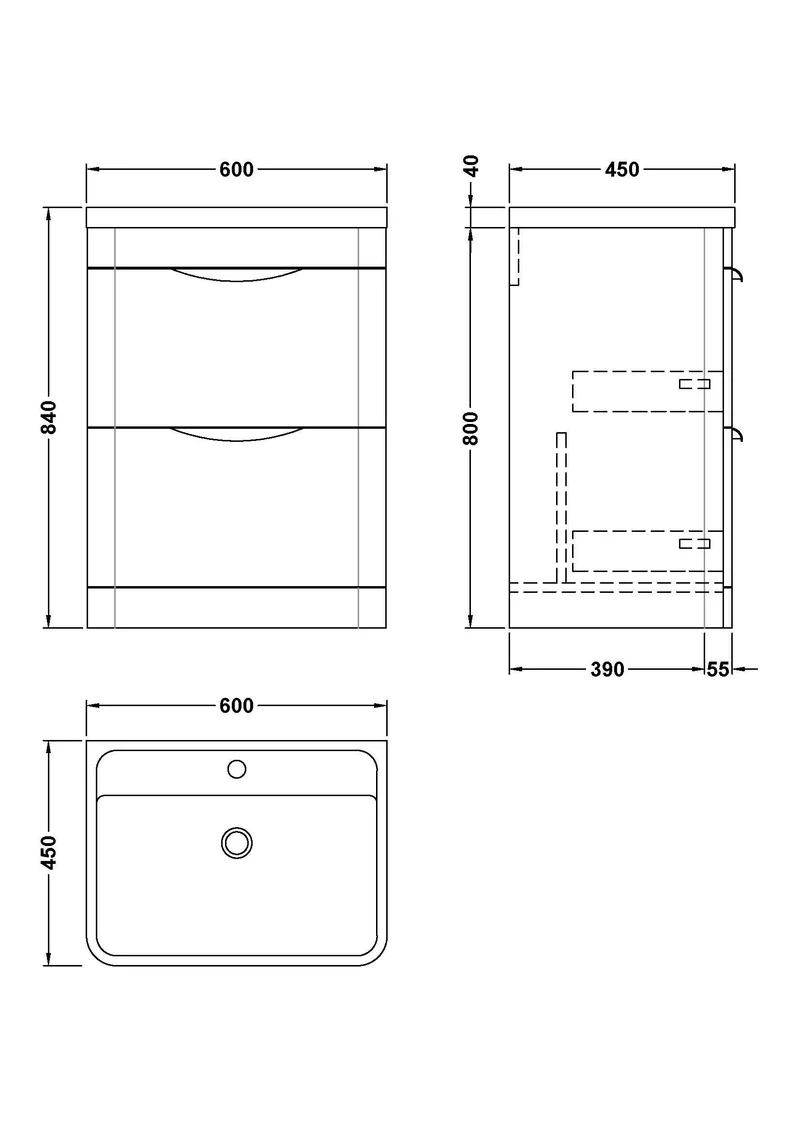 Parade 600mm 2 Drawer Floor Standing Vanity Unit With Polymarble Basin - Pebble Grey Satin