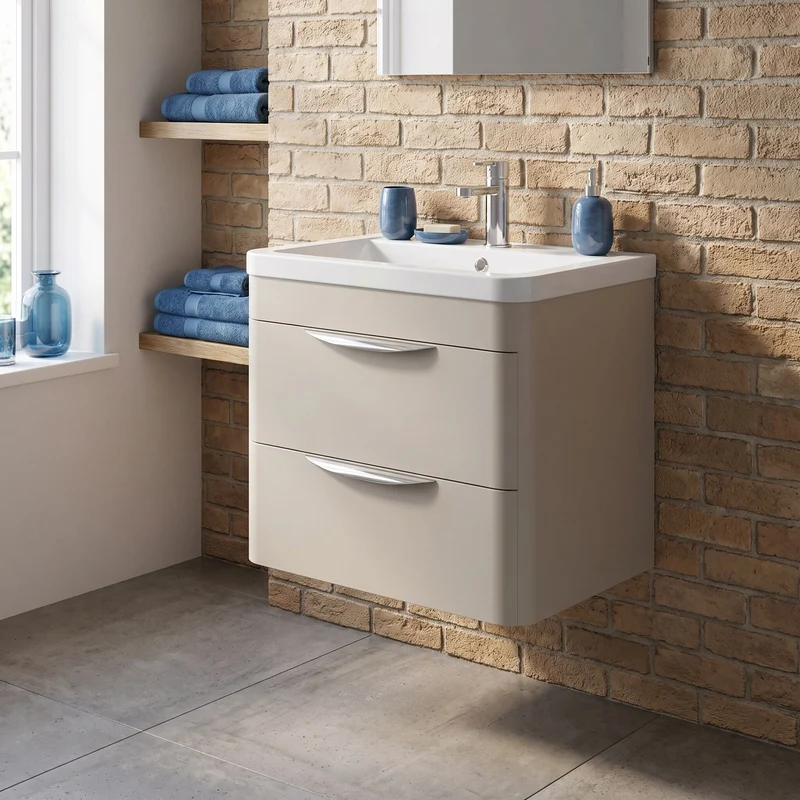 Parade 600mm 2 Drawer Wall Hung Vanity Unit With Ceramic Basin - Pebble Grey Satin