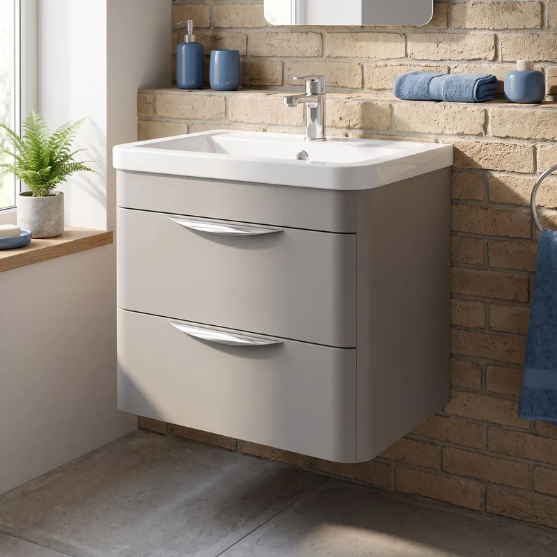 Parade 600mm 2 Drawer Wall Hung Vanity Unit With Ceramic Basin - Pebble Grey Satin
