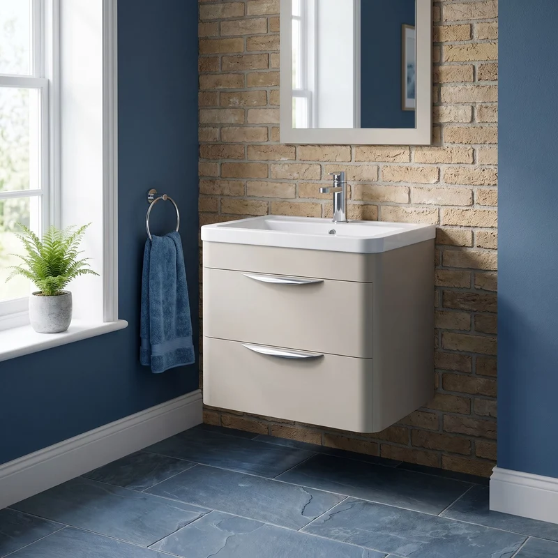 Parade 600mm 2 Drawer Wall Hung Vanity Unit With Ceramic Basin - Pebble Grey Satin