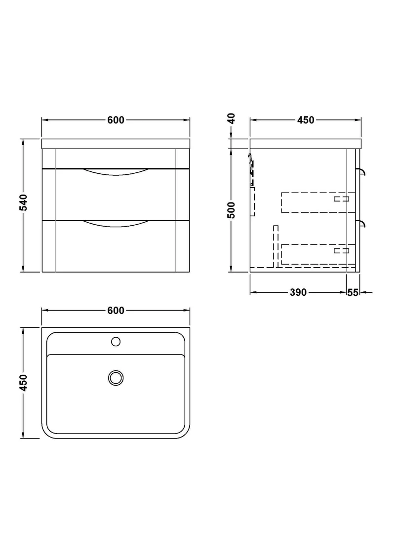 Parade 600mm 2 Drawer Wall Hung Vanity Unit With Ceramic Basin - Pebble Grey Satin