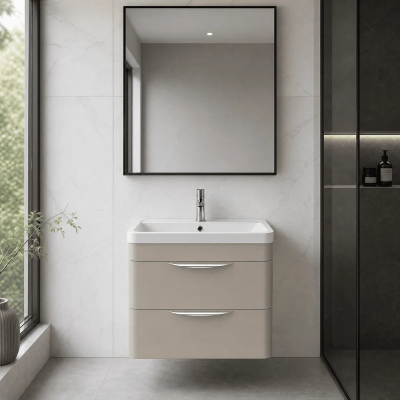 Parade 600mm 2 Drawer Wall Hung Vanity Unit With Polymarble Basin - Pebble Grey Satin