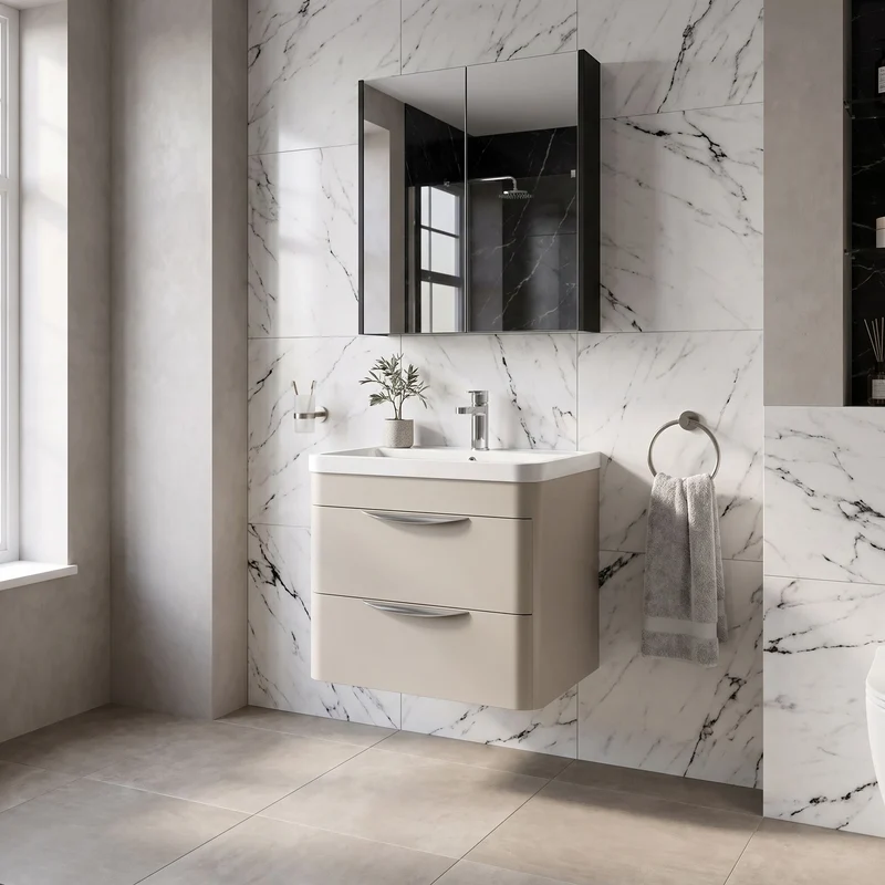 Parade 600mm 2 Drawer Wall Hung Vanity Unit With Polymarble Basin - Pebble Grey Satin