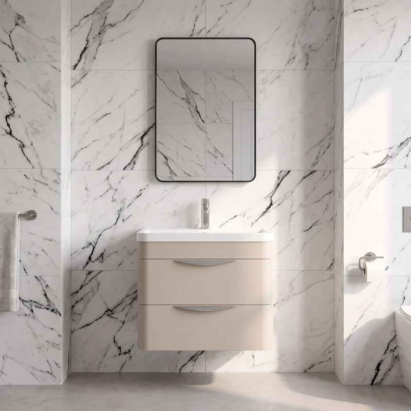 Parade 600mm 2 Drawer Wall Hung Vanity Unit With Polymarble Basin - Pebble Grey Satin