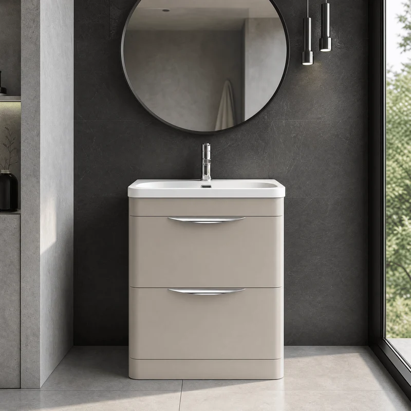 Parade 600mm 2 Drawer Floor Standing Vanity Unit With Thin Edge Basin - Pebble Grey Satin