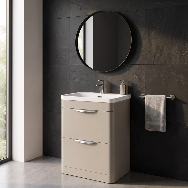 Parade 600mm 2 Drawer Floor Standing Vanity Unit With Thin Edge Basin - Pebble Grey Satin