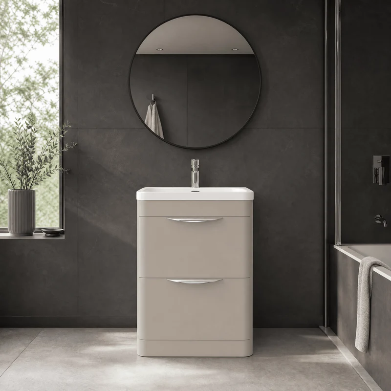 Parade 600mm 2 Drawer Floor Standing Vanity Unit With Thin Edge Basin - Pebble Grey Satin