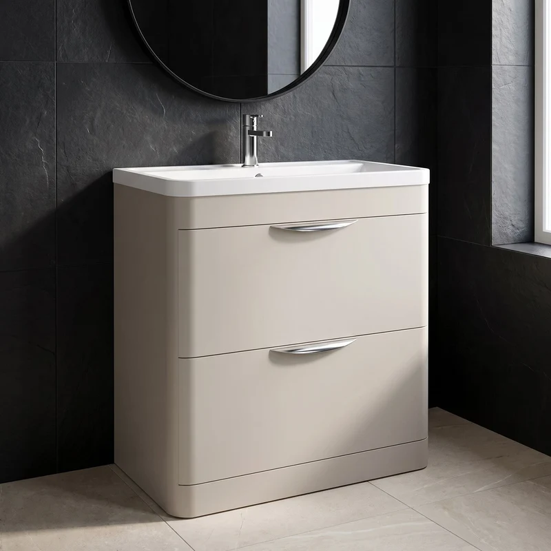 Parade 800mm 2 Drawer Floor Standing Vanity Unit With Polymarble Basin - Pebble Grey Satin