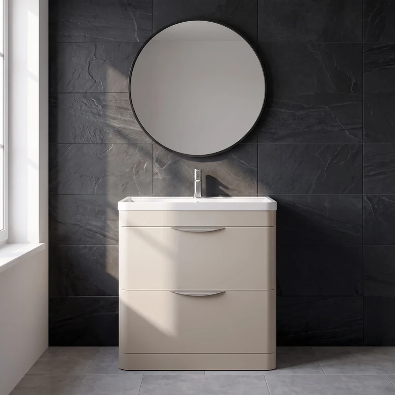 Parade 800mm 2 Drawer Floor Standing Vanity Unit With Polymarble Basin - Pebble Grey Satin