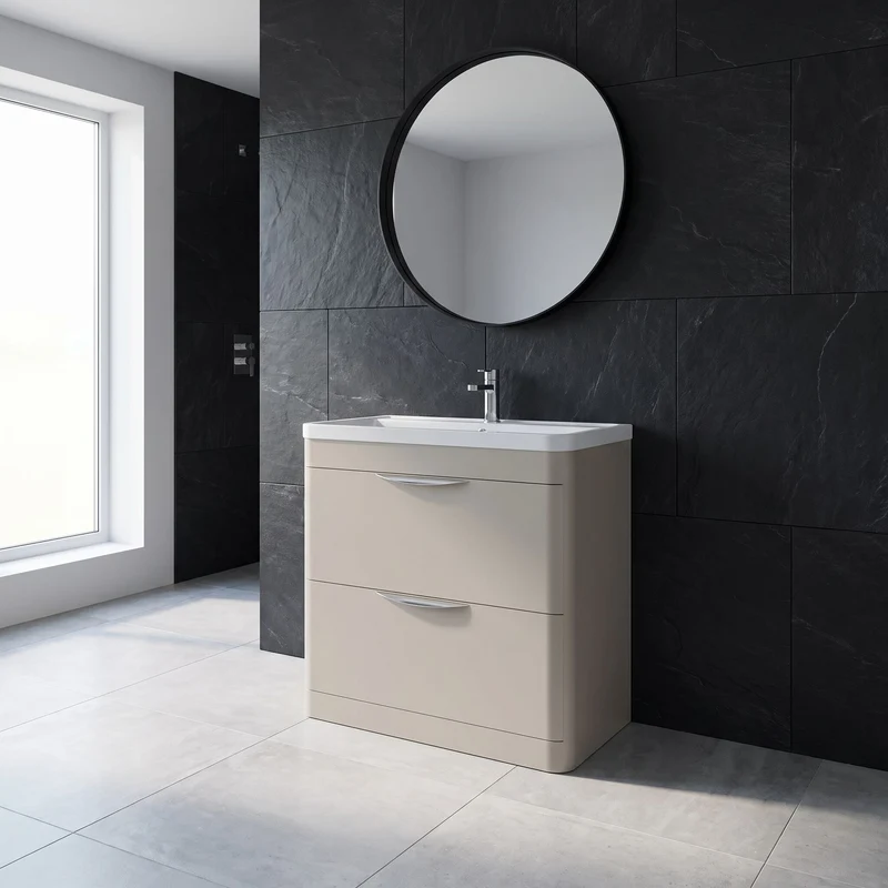 Parade 800mm 2 Drawer Floor Standing Vanity Unit With Polymarble Basin - Pebble Grey Satin