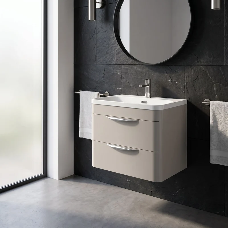 Parade 600mm 2 Drawer Wall Hung Vanity Unit With Thin Edge Basin - Pebble Grey Satin
