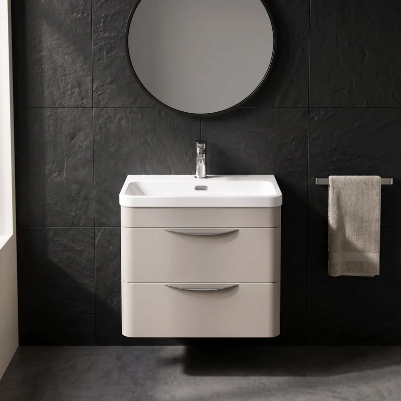 Parade 600mm 2 Drawer Wall Hung Vanity Unit With Thin Edge Basin - Pebble Grey Satin