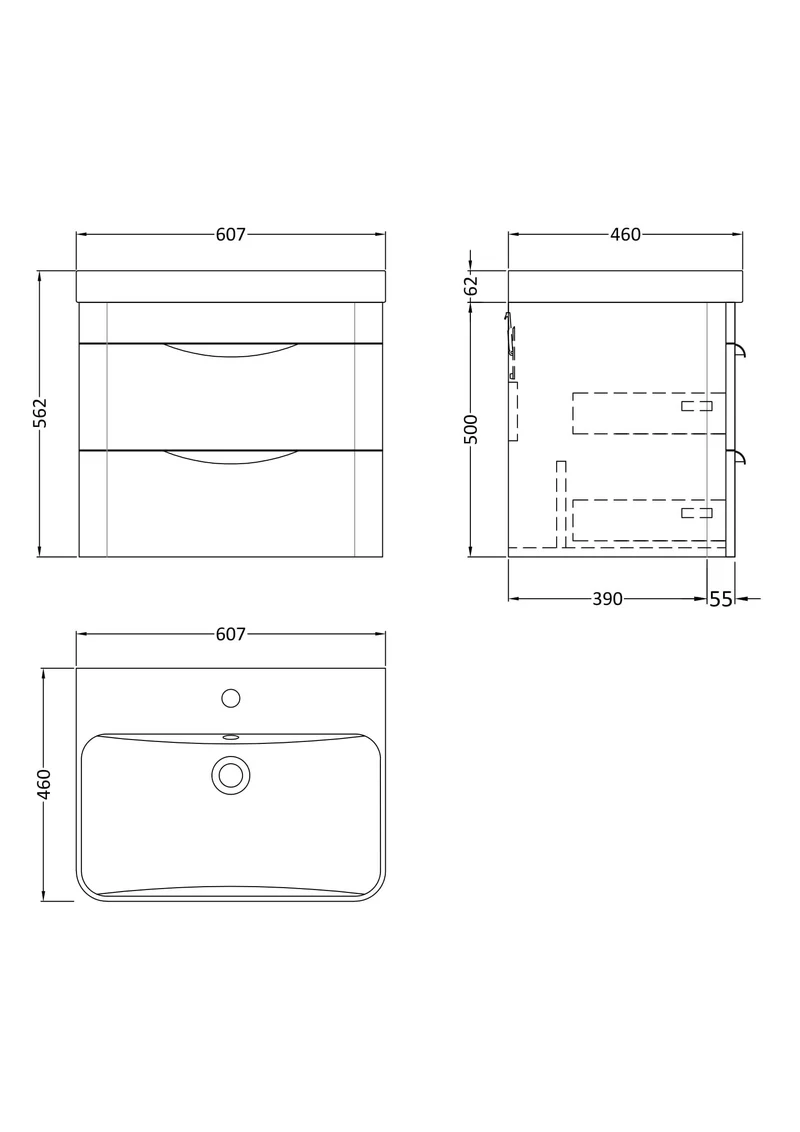Parade 600mm 2 Drawer Wall Hung Vanity Unit With Thin Edge Basin - Pebble Grey Satin