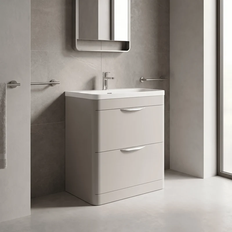 Parade 800mm 2 Drawer Floor Standing Vanity Unit With Thin Edge Basin - Pebble Grey Satin