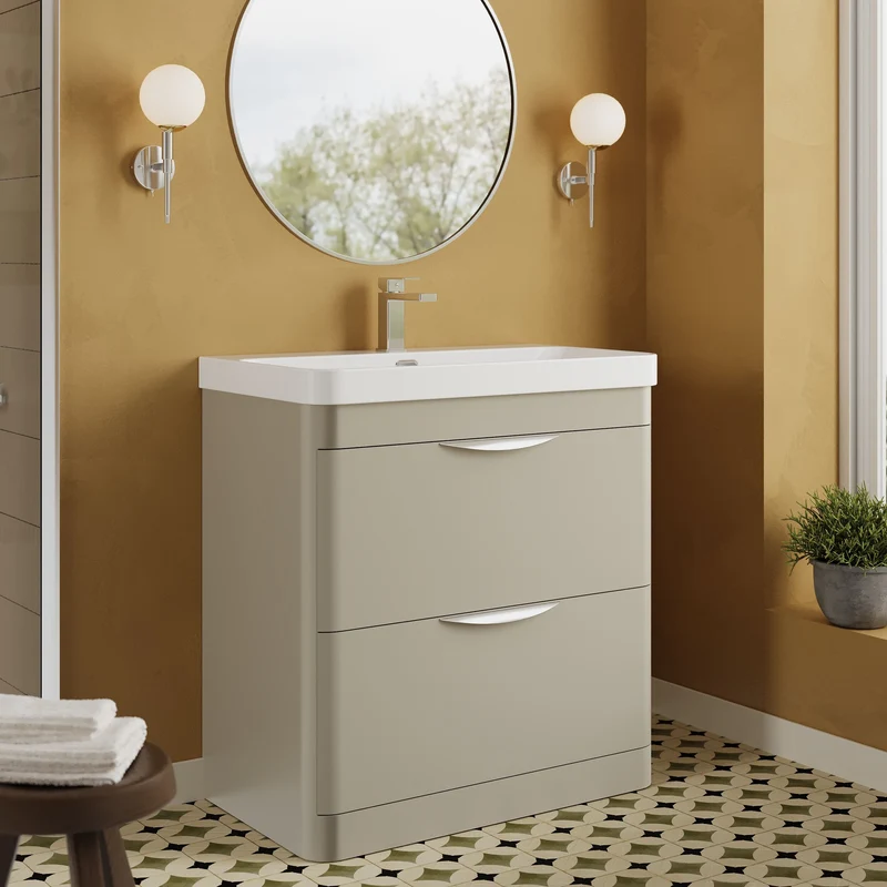 Parade 800mm 2 Drawer Floor Standing Vanity Unit With Thin Edge Basin - Pebble Grey Satin