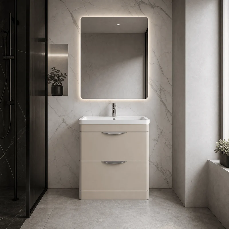 Parade 800mm 2 Drawer Floor Standing Vanity Unit With Ceramic Basin - Pebble Grey Satin