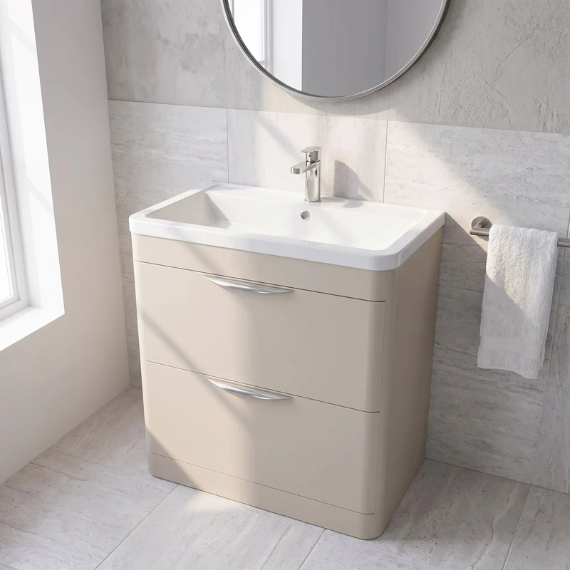 Parade 800mm 2 Drawer Floor Standing Vanity Unit With Ceramic Basin - Pebble Grey Satin