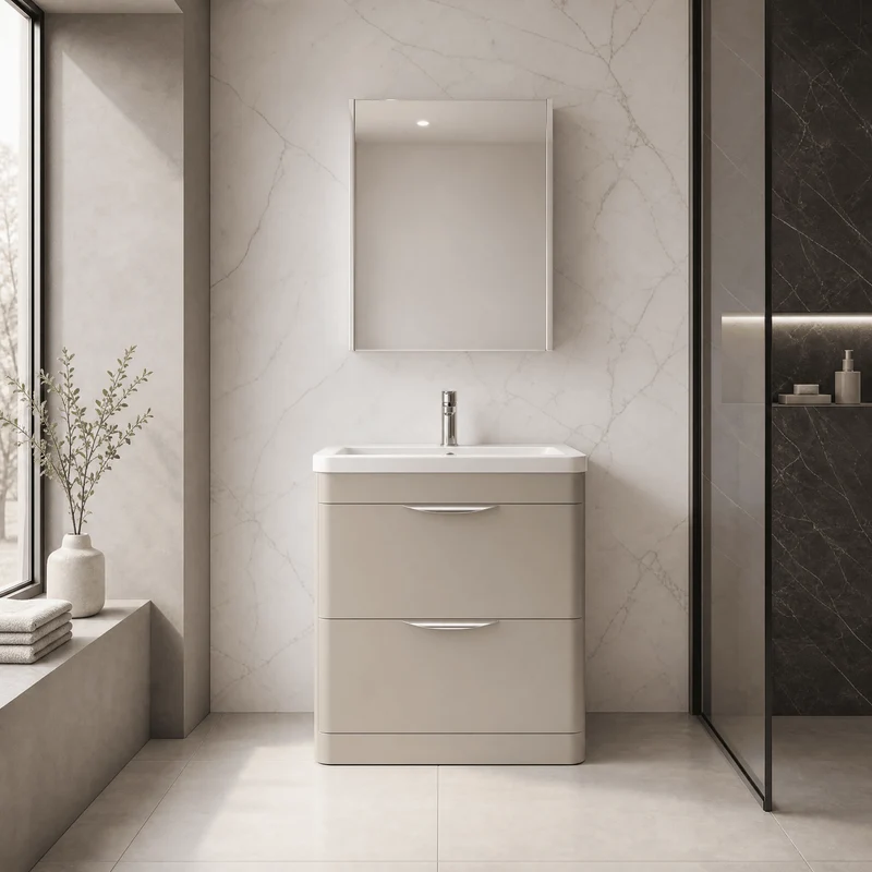 Parade 800mm 2 Drawer Floor Standing Vanity Unit With Ceramic Basin - Pebble Grey Satin