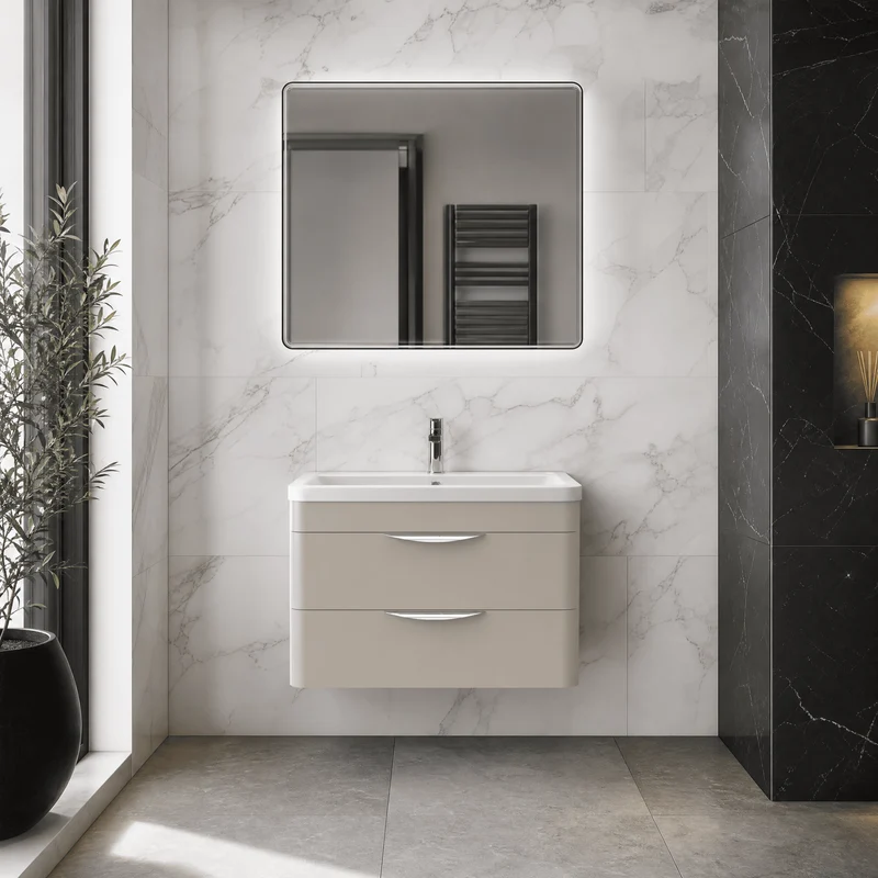 Parade 800mm 2 Drawer Wall Hung Vanity Unit With Ceramic Basin - Pebble Grey Satin