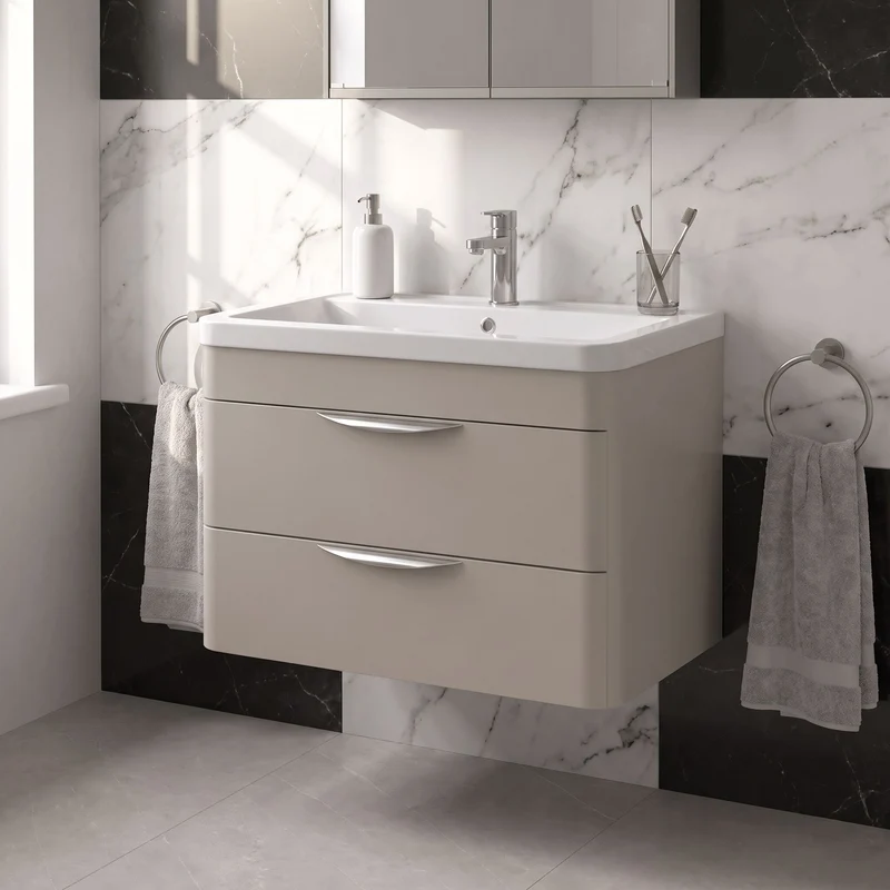 Parade 800mm 2 Drawer Wall Hung Vanity Unit With Ceramic Basin - Pebble Grey Satin