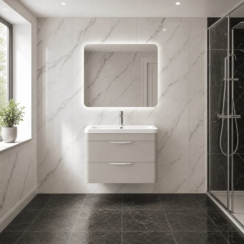 Parade 800mm 2 Drawer Wall Hung Vanity Unit With Ceramic Basin - Pebble Grey Satin