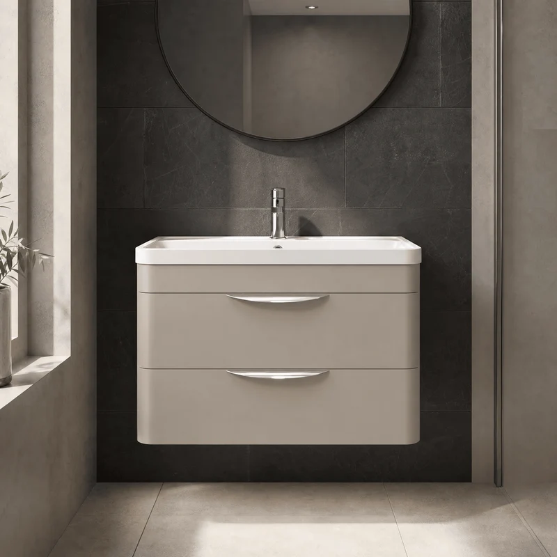 Parade 800mm 2 Drawer Wall Hung Vanity Unit With Polymarble Basin - Pebble Grey Satin