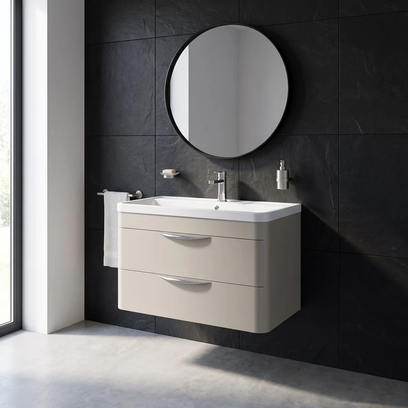 Parade 800mm 2 Drawer Wall Hung Vanity Unit With Polymarble Basin - Pebble Grey Satin