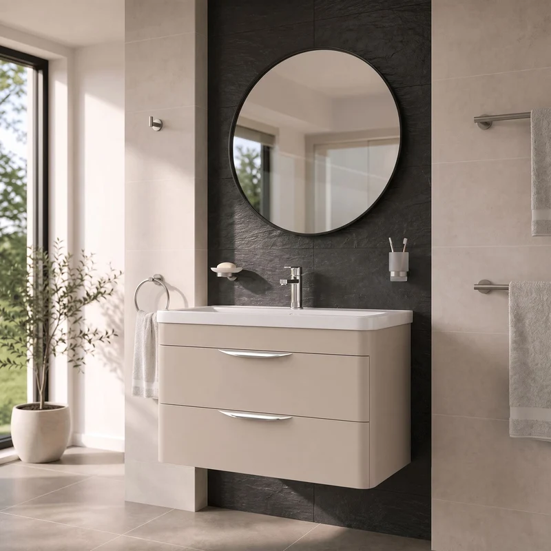 Parade 800mm 2 Drawer Wall Hung Vanity Unit With Polymarble Basin - Pebble Grey Satin