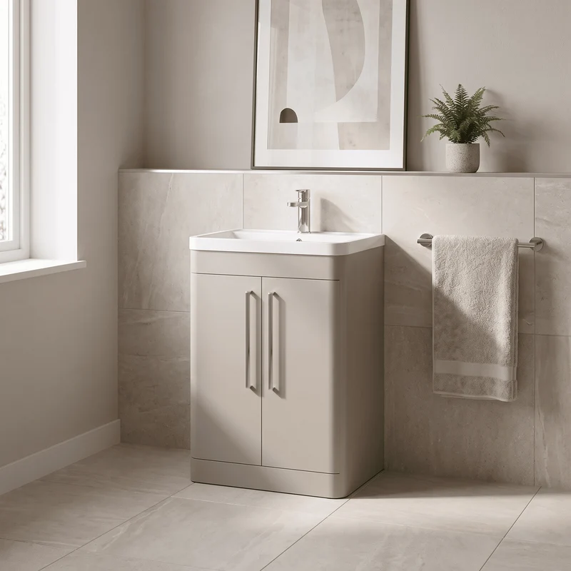 Parade 600mm 2 Door Floor Standing Vanity Unit With Polymarble Basin - Pebble Grey Satin