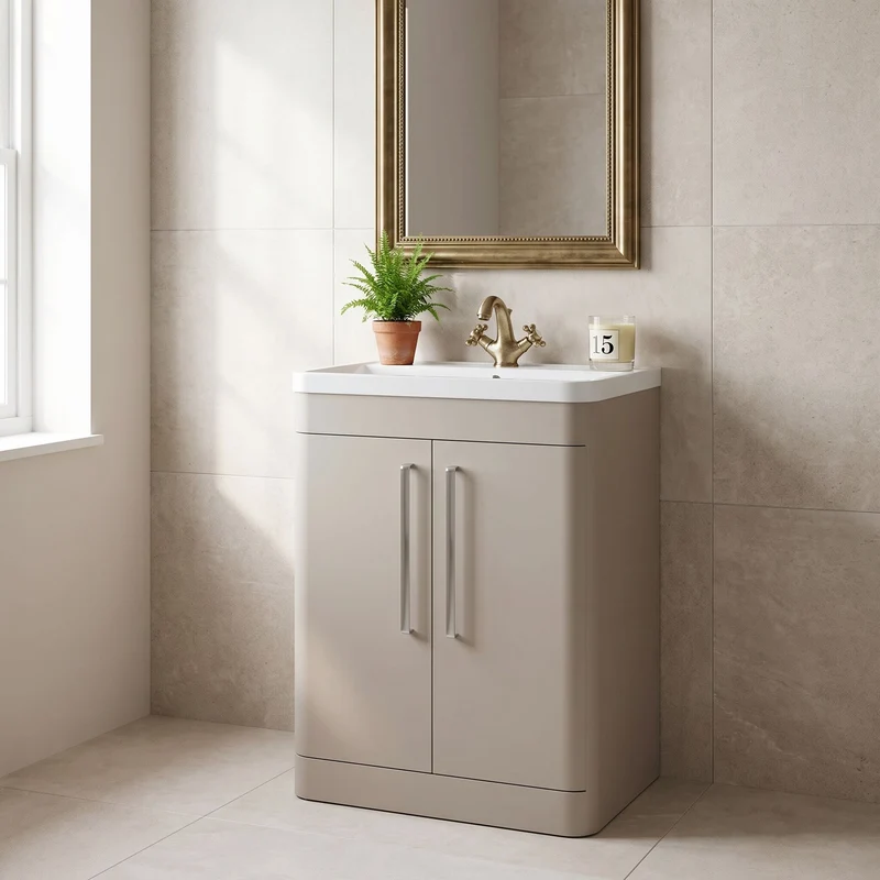 Parade 600mm 2 Door Floor Standing Vanity Unit With Polymarble Basin - Pebble Grey Satin