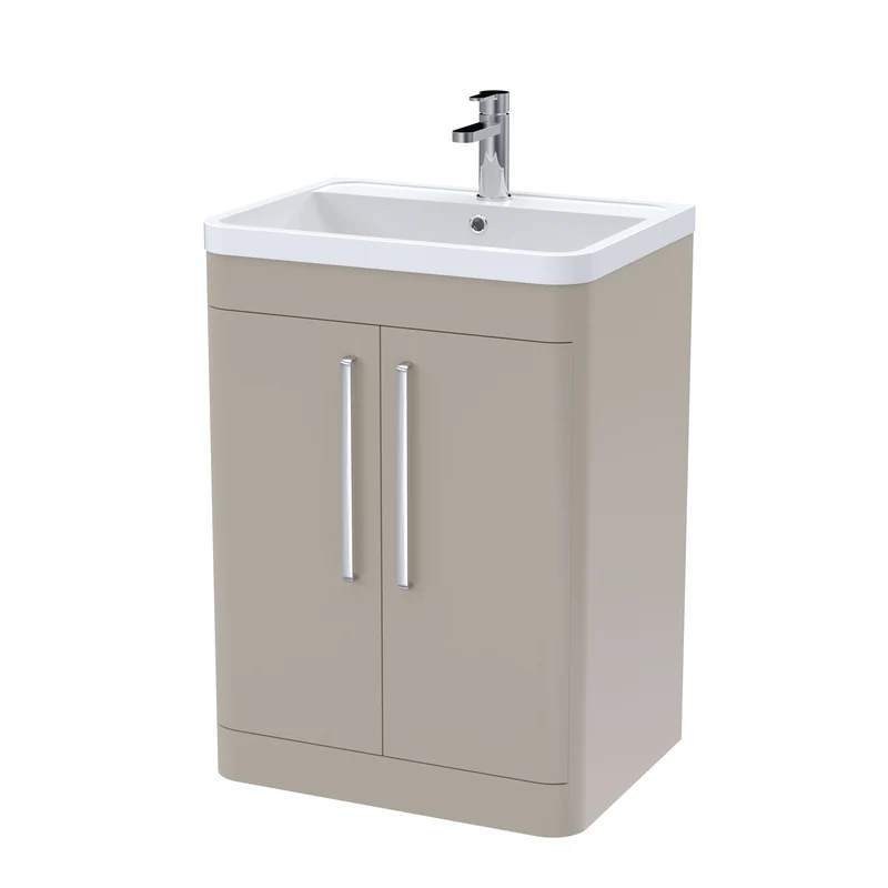 Parade 600mm 2 Door Floor Standing Vanity Unit With Polymarble Basin - Pebble Grey Satin