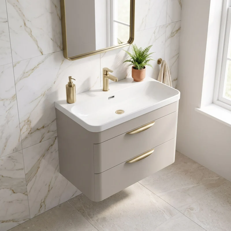 Parade 800mm 2 Drawer Wall Hung Vanity Unit With Thin Edge Basin - Pebble Grey Satin