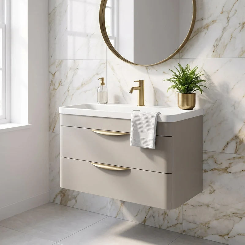 Parade 800mm 2 Drawer Wall Hung Vanity Unit With Thin Edge Basin - Pebble Grey Satin