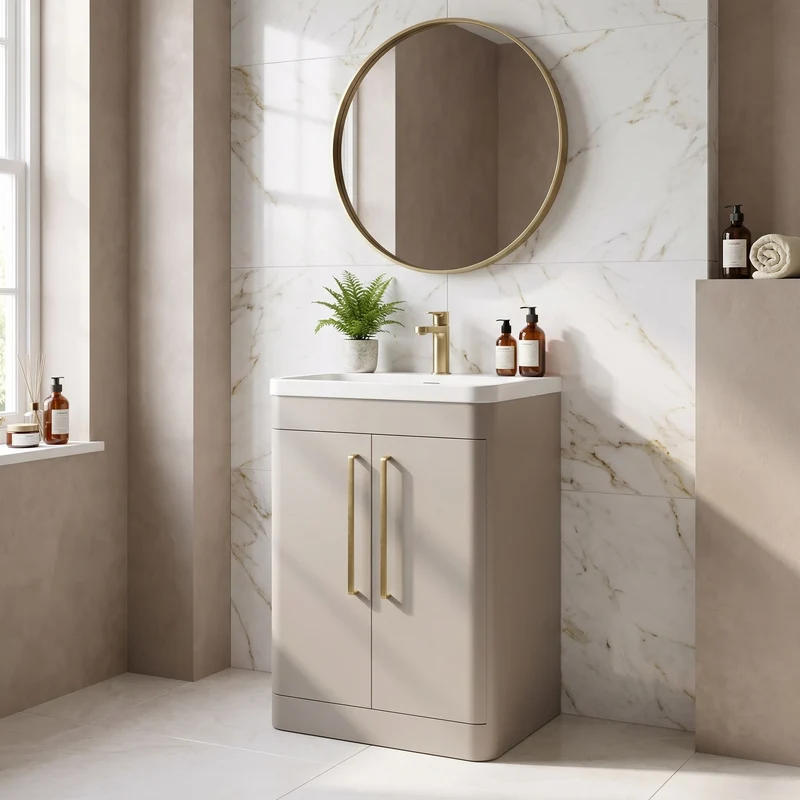 Parade 600mm 2 Door Floor Standing Vanity Unit With Thin Edge Basin - Pebble Grey Satin