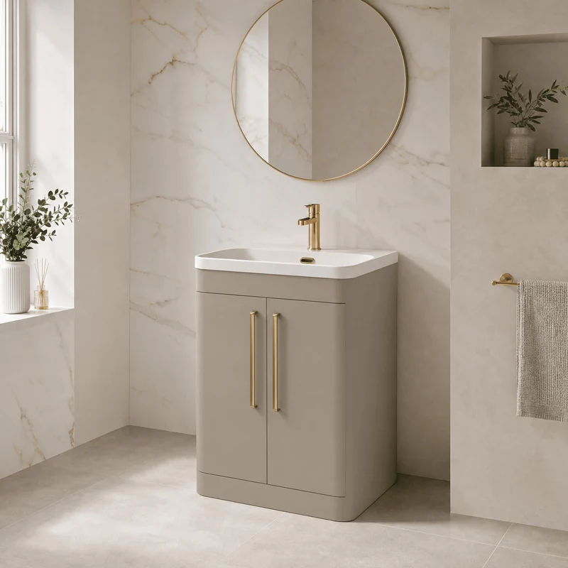 Parade 600mm 2 Door Floor Standing Vanity Unit With Thin Edge Basin - Pebble Grey Satin