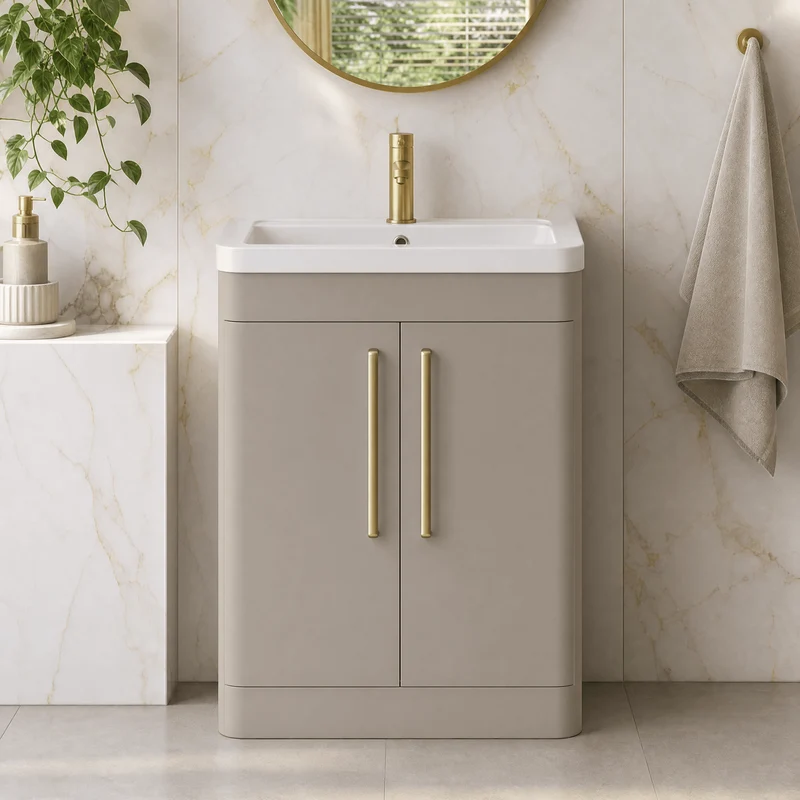 Parade 600mm 2 Door Floor Standing Vanity Unit With Ceramic Basin - Pebble Grey Satin