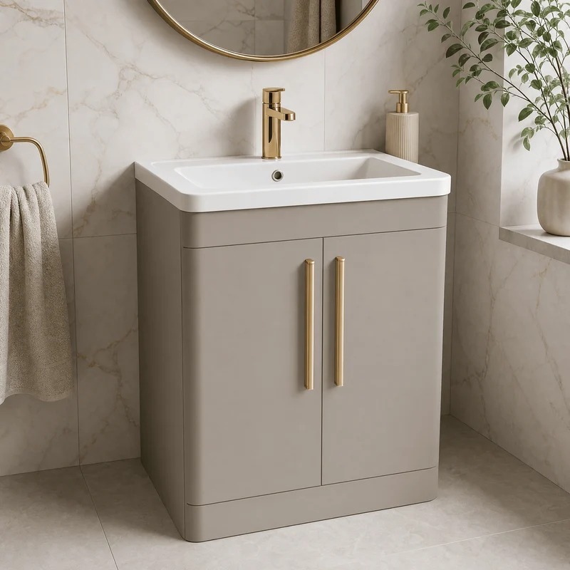 Parade 600mm 2 Door Floor Standing Vanity Unit With Ceramic Basin - Pebble Grey Satin